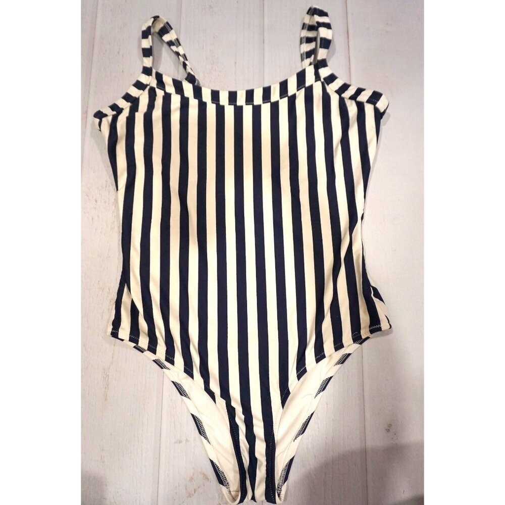 Aerie Blue & White Vertical Stripes One Piece Cheeky Bathing Suit - Size M